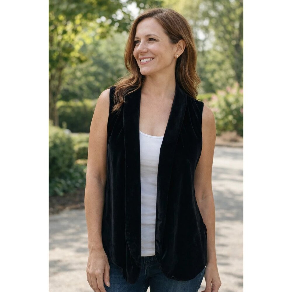 J. Jill size XS Crushed Velvet Open Front Draped Layering Vest, Black - Picture 9 of 9